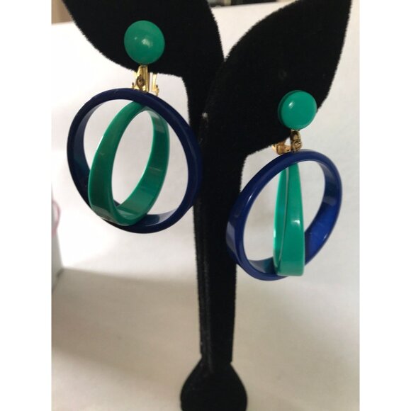 Vtg 1960's Mod Dangle Drop 2 Concentric Circles Clip On Earrings Deep Blue Turq - Picture 3 of 8